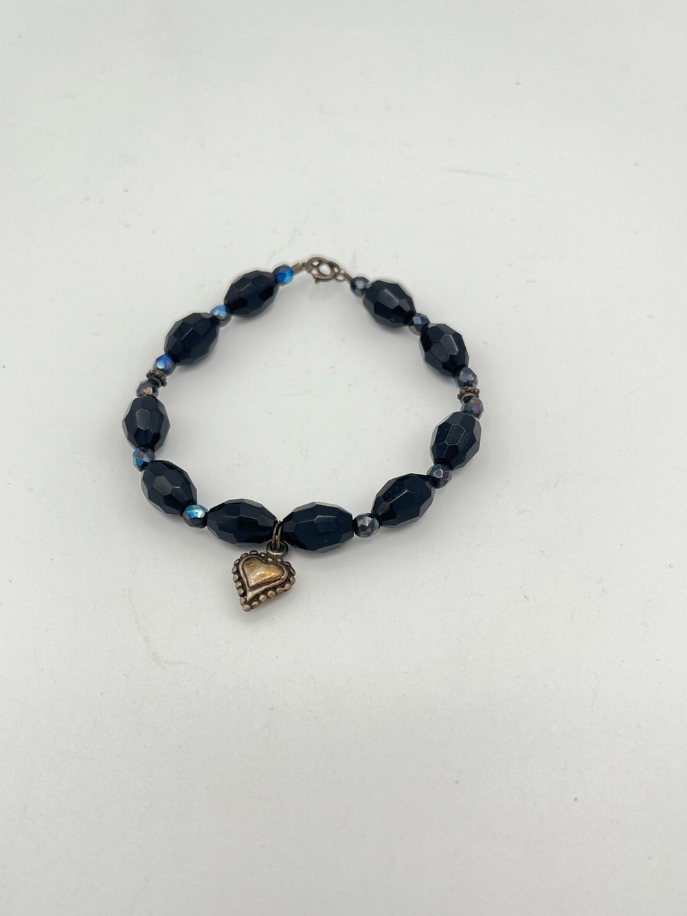Vintage Black Faceted Glass Bead Bracelet Sterling Silver Heart Charm